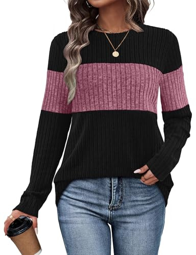 WIHOLL Ladies Jumpers UK Crew Neck Long Sleeve Tops Casual Elegant Colour Block Shirts Fall Fashion Purple Size 22-24