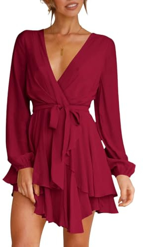 Wenrine Robe de Femme Sexy avec Col en V Profond Robe de Loisirs en Ligne A avec Volants Mini Robe à Manches Longues Robe Ceinturée avec Ceinture, rouge bordeaux, S