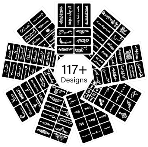 Henna stencil set, 200 stycken tillfälliga tatueringsmallar, 9 ark henna tatuering barn och vuxna stenciler för kvinnor flickor tonåringar ansikte färg kroppskonst
