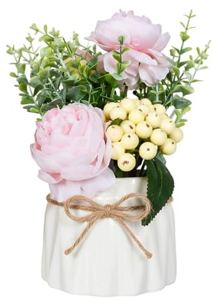 Rylae Fiori Artificiali con Vaso Ceramica, Composizione di Rose Finte in Seta e Piante Finte in Vaso, Bouquet Fiori Artificiali per Desktop Ufficio Casa Cucina Patio (Rosa)
