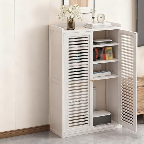 Gabinete Almacenamiento Multifuncional en Rattan para Router WiFi Caja Almacenamiento Medios Doméstica con Estantes Ajustables Gabinete Estéreo con Puertas(White,59*25*82cm/23.2*9.8*32.3in)