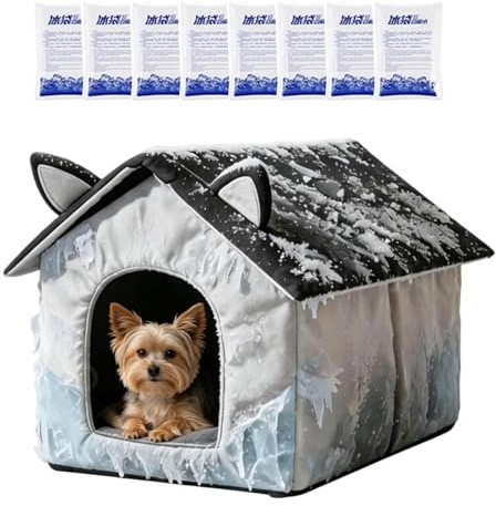 Casa de refrigeración para perros, con 8 paquetes de hielo, cueva plegable impermeable, casa para perros pequeños, para mascotas, , descanso, verano, interior y exterior