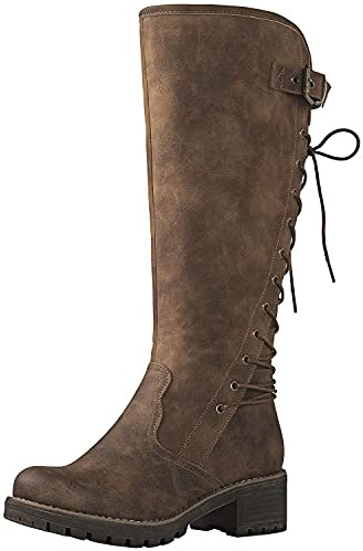 GLOBALWIN Women's Chunky Heel Camel Lace Up Back Knee High Fashion Boots 9M