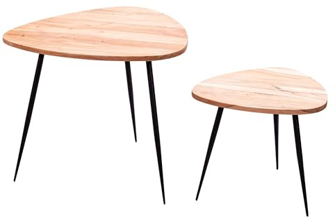 FineBuy 2er Set Satztisch Akazie Massivholz/Metall Couchtisch Klein, Design Beistelltisch Set Zwei Holz-Tische, Wohnzimmertisch Tisch Metallgestell Braun