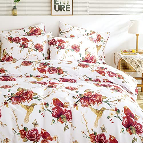 Tache Floral Duvet Cover King Hummingbirds Burgundy Red Ivory Antique Vintage Farmhouse Spring Country Rustic Microfiber Reversible Rose Garden Duvet Cover King