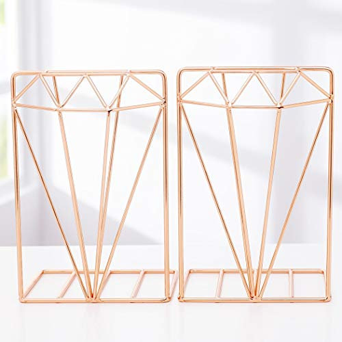 SIPLIV 3D Creative Minimalist Style Bookends Metal Adjustable Books Holder Stand Book Rack Desk Bookend - Diamond, Rose Gold