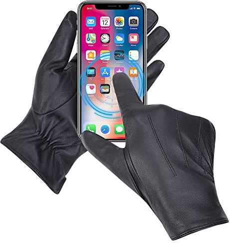 MGGMOKAY Herren Lederhandschuhe Touchscreen Kaschmir gefüttert,Schwarz,XL