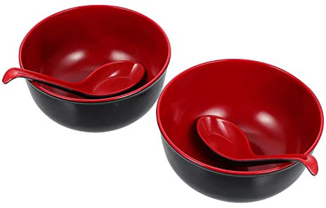 UPKOCH 2 Set Melamine Bowls with Spoons, Ramen Bowl Set, Asian Soup Bowls, Serving Bowls for Rice Salad (Black Red)