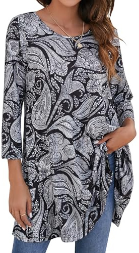 Enmain Tunique Femme Longue Chic et Elegant Tunique Femme Grande Taille Manche Longue Paisley Tuniques Fleurie Femmes à Manches 3/4 col Rond pour Automne Hiver XL