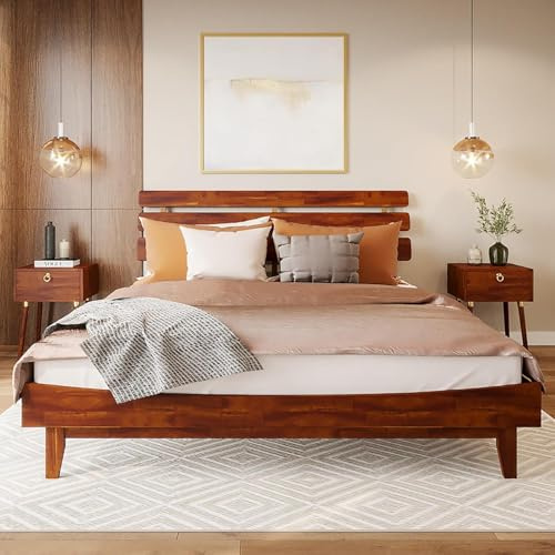 Bme Caden 15 Inch Deluxe Bed Frame with Adjustable Headboard - Mid Century, Retro Style with Acacia Wood - No Box Spring Needed - 12 Strong Wood Slat Support - Easy Assembly - Dark Chocolate, King