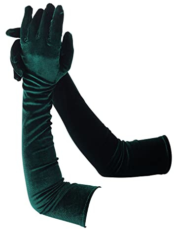 KINBOM Opera Gloves for Women, Velvet Stretchy Elbow Length Gloves Evening Party Dance Gloves Long Opera for Women (Black Green), 6 3/8