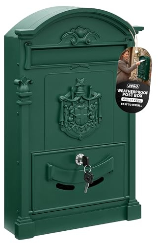 ZENO Letter Box Wall Mounted | Postbox | Large Traditional Post Box Mailbox | Post Letter Box for Home | Vintage Classic Mail Box with 2 Keys | Easy to Install | Keep Your Mail Safe (Green)