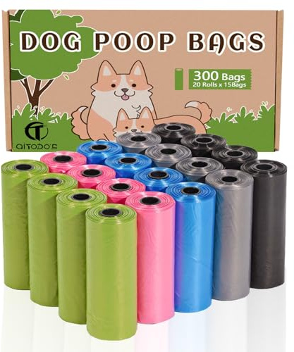 AiTodos® Lot de 300 Sacs à Crottes de Chien, 31 x 23CM, 5 Couleurs: Noir, Gris, Bleu, Rose, Vert; Matériau en Polyéthylène (20 Rouleaux de 15 Chacun)