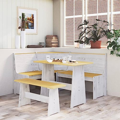 Lechnical Dining Table with Bench Solid Pine Honey Brown and White, Modern Dining Table for Garden