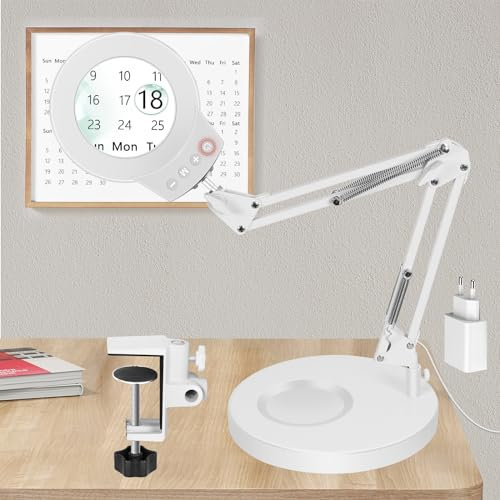 NOEVSBIG 2 IN 1 Lupe mit Licht und Ständer,10X&5X Lupe,Schreibtischlampe mit großem Sockel und Klemme, 3 Farbmodi, stufenlos, dimmbar, LED Lupenlampe für Hobby Basteln,Lupenleuchte mit standfuß