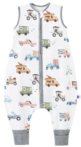 Chilsuessy Baby Sommerschlafsack mit Füßen 0.5 Tog Kleine Kinder Schlafsack mit Beinen Unwattiert 100% Baumwolle Schlafstrampler für Jungen und Mädchen, Bunte Autos, 90cm/Baby Höhe 100-110cm
