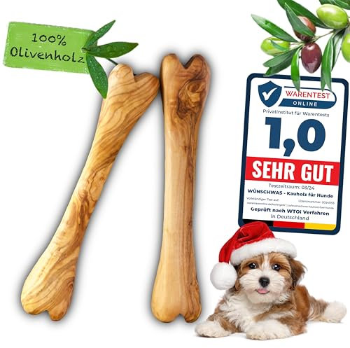 Wünschwas Natürliches Kauspielzeug für Hunde aus 100% Olivenholz – 2 Holzknochen zur Zahnpflege (20x3,5 cm) – Ideal für kleine bis mittelgroße Hunde M