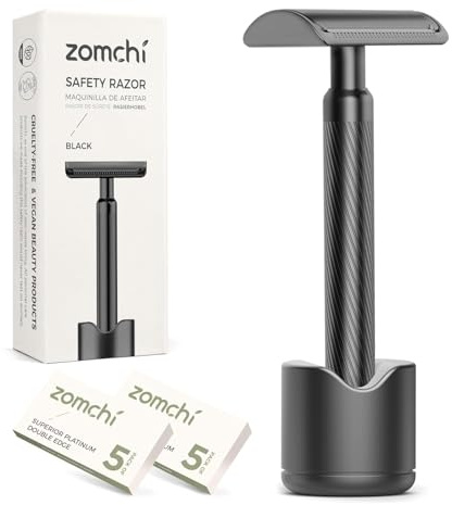 ZOMCHI Rasoio di Sicurezza a Doppio Taglio con Supporto, Rasoio in Metallo da Uomo con 10 Lame di Sicurezza, Rasoio Riutilizzabile per Uomini e Donne - Nero Opaco