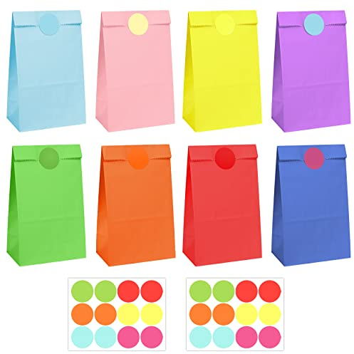 OWill 20 Party Bags with 24 Stickers, Rainbow Gift Paper Bags for Kids Party, Kraft Small Gift Bags for Presents, Paper Party Bags for Birthday, Christmas, Halloween, Wedding(130 X 80 X 240mm)