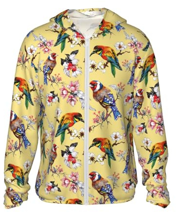 VOSERY Veste à capuche légère à manches longues avec fermeture éclair pour homme et femme Motif oiseaux et fleurs, noir, Taille XL