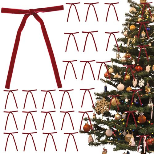 24Pcs Red Bows for Christmas Tree,Christmas Tree Bows,Velvet Bows Christmas, 5x7 Inches Velvet Ribbon Bows, Velvet Christmas Ornaments for Gift Wrapping Wreaths Garlands, Christmas Decor (Red)