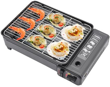 HUSPOO Tragbarer Tischgrill Gas, Camping Barbecue Grillset, Gaskocher Campingkocher mit Grillnetz, Backblech und Aufbewahrungskoffer, Camping BBQ Set für Picknick, Garten, Terrasse, Reisen