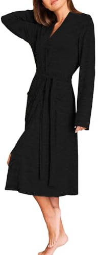 NLAND Lång kimono morgonrock dam mjuk och bekväm V-ringning eleganta nattkläder med bälte och fickor för sömn avkoppling hem