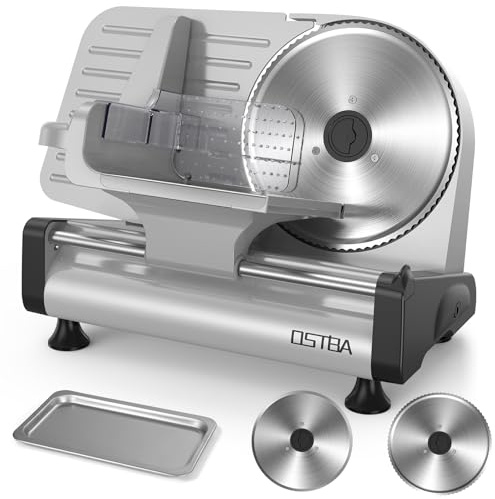 OSTBA Electric Meat Slicer with 200W DC Motor, 2 Removable 8.7” Stainless Steel Blades, Adjustable Thickness 0–15mm, Food Tray & Hand Grip, Commercial Deli Food Slicer for Meat, Cheese, Bread, Veggies