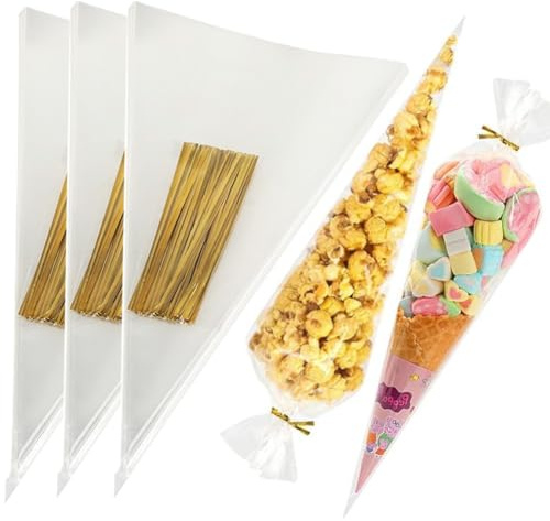 300 Stück Cone Tüten, BetterJonny Süßigkeiten Tüten Spritzbeutel Geschenktüten mit 300 Golden Bindebänder Transparent Cellophantüten Bonbons Tüten für Schokolade Popcorn Marshmallow, 13x25cm