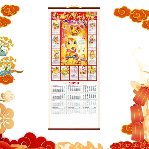 Calendarios chinos 2026 Año del Caballo Calendario de Año Nuevo Chino Calendario de pared de desplazamiento Calendario diario planificador planificador chino Año Nuevo Calendario colgante (E)