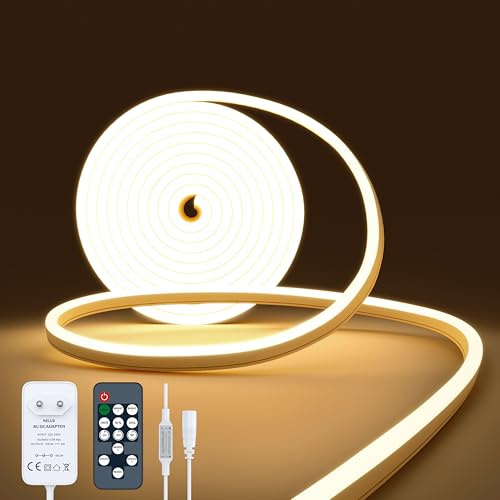 NELUX Tira Neon LED Impermeable y Flexible para Exterior o Interior de 2m y Blanco Calido 2700K, Luces LED Neón Flex Regulable. Incluye Mando a Distancia para Controlar Brillo y Adaptador 24V