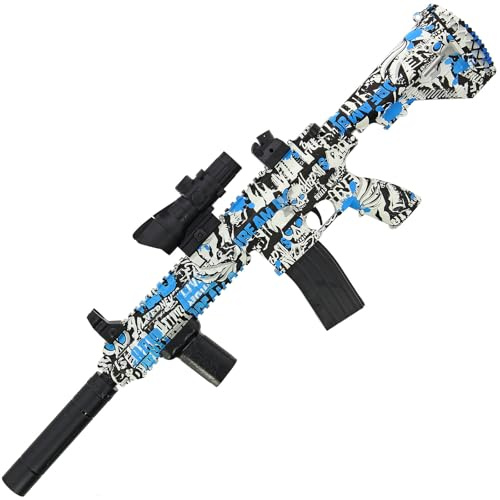 Gel Blaster Water Bullet Gun, Blue Graffiti Design, 7.4V Rechargeable Battery, Fully Automatic, 15-20m Range With 10,000 rounds, Ages 14+