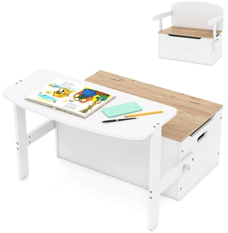 GYMAX 3 in 1 Kids Storage Bench, Convertible Toy Storage Box with Safety Hinge, Wooden Children Table and Chair Set for Playroom Bedroom (White+Natural)