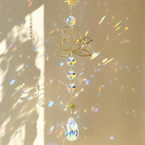 Suncatcher Pendentif,Attrape Soleils en Cristal,Soleil Cristal Décoration,Attrape Soleil en Forme de Fleur de Lotus avec Prisme en Cristal pour La Décoration de Fenêtre,Le Bureau Ou La Voiture