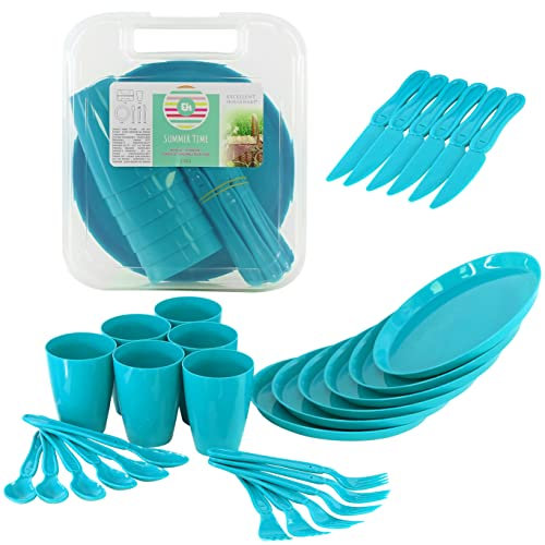 GEEZY Lot de 31 ustensiles de camping en plastique avec couteaux, fourchettes, cuillères, tasses et assiettes, réutilisables (bleu)