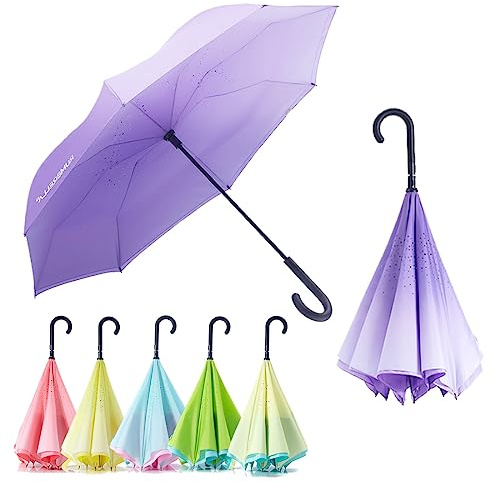 RUMBRELLA Reverse Umbrella Auto Close Windproof Car Umbrella Inverted with J Hook Handle for Women Girls, Purple