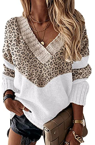 Pull Oversize Rayé Femme Col V Leopard Sweater Femme Pulls Grosse Maille Pullover Chandail Femme Gros Pull Tunique Tricot Ample Large Femme Hiver Pull-Over Torsade Tricoté Grande Taille Abricot XL
