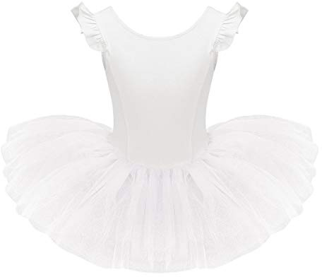 Justaucorps Danse Classique Fille Robe Ballet Tutu Tulle Manches Volantes Pliss�es Couleur Unie Col Rond Costume Danseuse Ballerina Gymnastique Carnaval Une Pi�ce pour B�b� Enfant Blanc 2-3 Ans