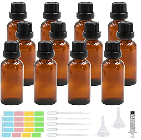 Episkey Pack of 12 brown glass bottles, 30 ml, glass dropper bottle, brown pharmacist bottle set including small glass bottles, dropper funnel, syringe and label (brown, 30 ml)