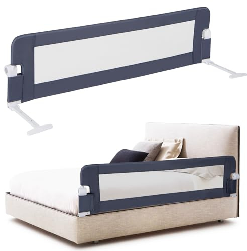 LIFEZEAL Barandilla de Cuna Plegable con Correas, Barrera de Seguridad Infantil rellena de algodón, protección anticaída de Cuna de Tejido Oxford, 152x34x42cm (Gris)