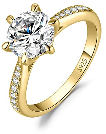 JewelryPalace 2ct Classique Moissanite Bague Taille Rond Solitaire Pierre Argent Massif 925 Femme, Plaqué Or Jaune Bague Diamant Simulé Fiançailles Mariage Promise Alliance, Ensemble Bijoux Mariee