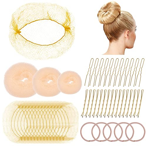 Tikplus Gold Easy Hair Styling Tools, 68PCS Hair Bun Net, Include Ballet Hair Nets, Hair Doughnut, U Shaped Hair Pins, Bobby Pins & Hair Bands, Hair Bun Maker, Bun Rings Women Girls Hair Accessories