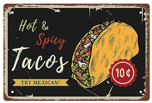 CREATCABIN Tacos Carteles de Hojalata Cocina Mexicana Caliente Y Picante con Tasty Taco Sign Metal Vintage Placas Retro Posters Gallery Wall Art Print Decor Pintura Colgante para el Hogar Bar