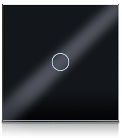 PANGTZEEN Touch Lichtschalter 1 Fach 1 Weg Gehärtetem Glas Schalter Non-WiFi Wandschalter 10A Unterputz Wandlichtschalter Schwarz Kein Neutralleiter für Wohnzimmer Schlafzimmer Küche Büro