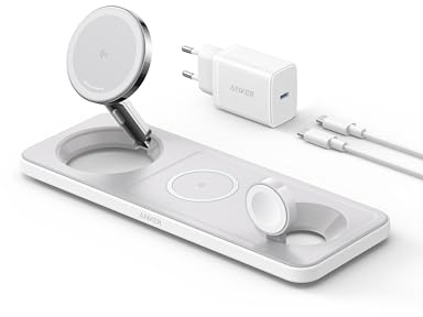 Anker Chargeur Induction iPhone 15W Station de Recharge à Induction 3-en-1 Pliable, Ultra Rapide Certification Qi2, pour iPhone séries 17/16, AirPods, Apple Watch(Chargeur USB-C et câble Inclus)
