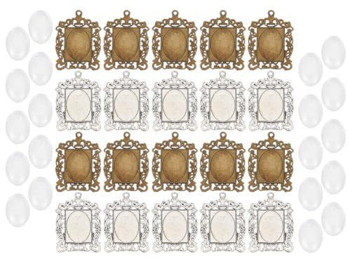 GOMAKERER Retro Blanko-Fotorahmen-Anhänger-Tablett-Set, 20 Stück Tibetischer Stil Fotorahmen-Anhänger-Cabochon-Fassungen Und 20 Stück Ovale Glas-Cabochons Zum Selbermachen (Antik-Bronze, Antik-Silber)