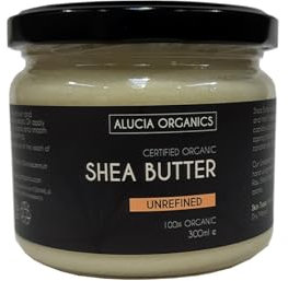 ALUCIA ORGANICS Burro di karitè grezzo non raffinato biologico certificato, 300 ml, puro, naturale, non raffinato, crudo, impastato a mano, vegano, senza profumo, per pelle, corpo, capelli