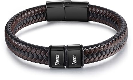 Lorajewel Bracciale da Uomo con Incisione - Regali Personalizzati in Pelle Nera con Nome (2 Nome)