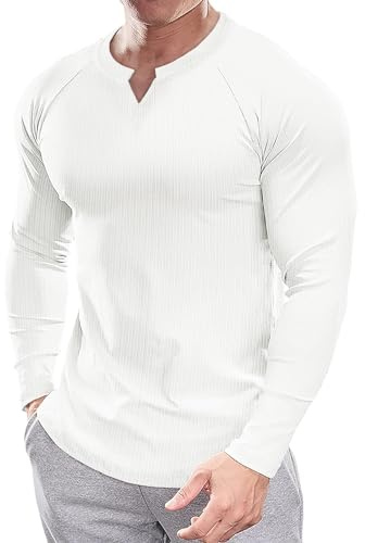 Muscle Cmdr Uomo Slim Fit Scollo a V Camicie Casual Manica Lunga e Corta Muscolo Henley T-Shirt Top Business Elegante Bianco S