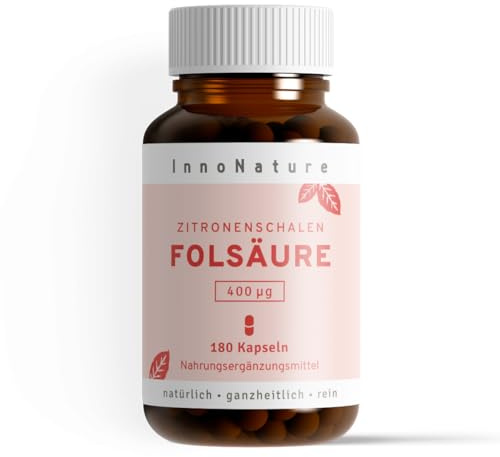 InnoNature Folsäure Kapseln | natürlich aus Zitronenschalen | 180 Kapseln, 400 µg Folsäure pro Kapsel | glutenfrei, vegan, pflanzlich